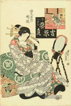  alt - Porträt der Kurtisane kamoen von ebiya Entspannung auf gefalteten Futon 1825 Keisai Eisen Ukiyoye